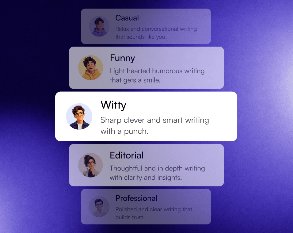 A list of saved voice profiles - Casual, Funny, Witty, Editorial and Professional - each with its own avatar and description